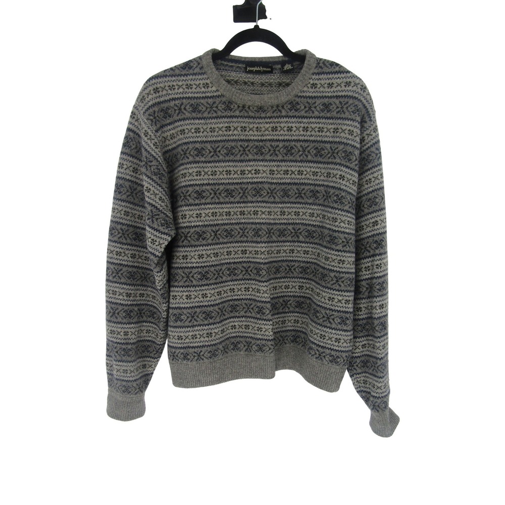 Joseph & Lyman Sweater Small Gray Fair Isle Lambswool Crew Neck Fisherman Preppy